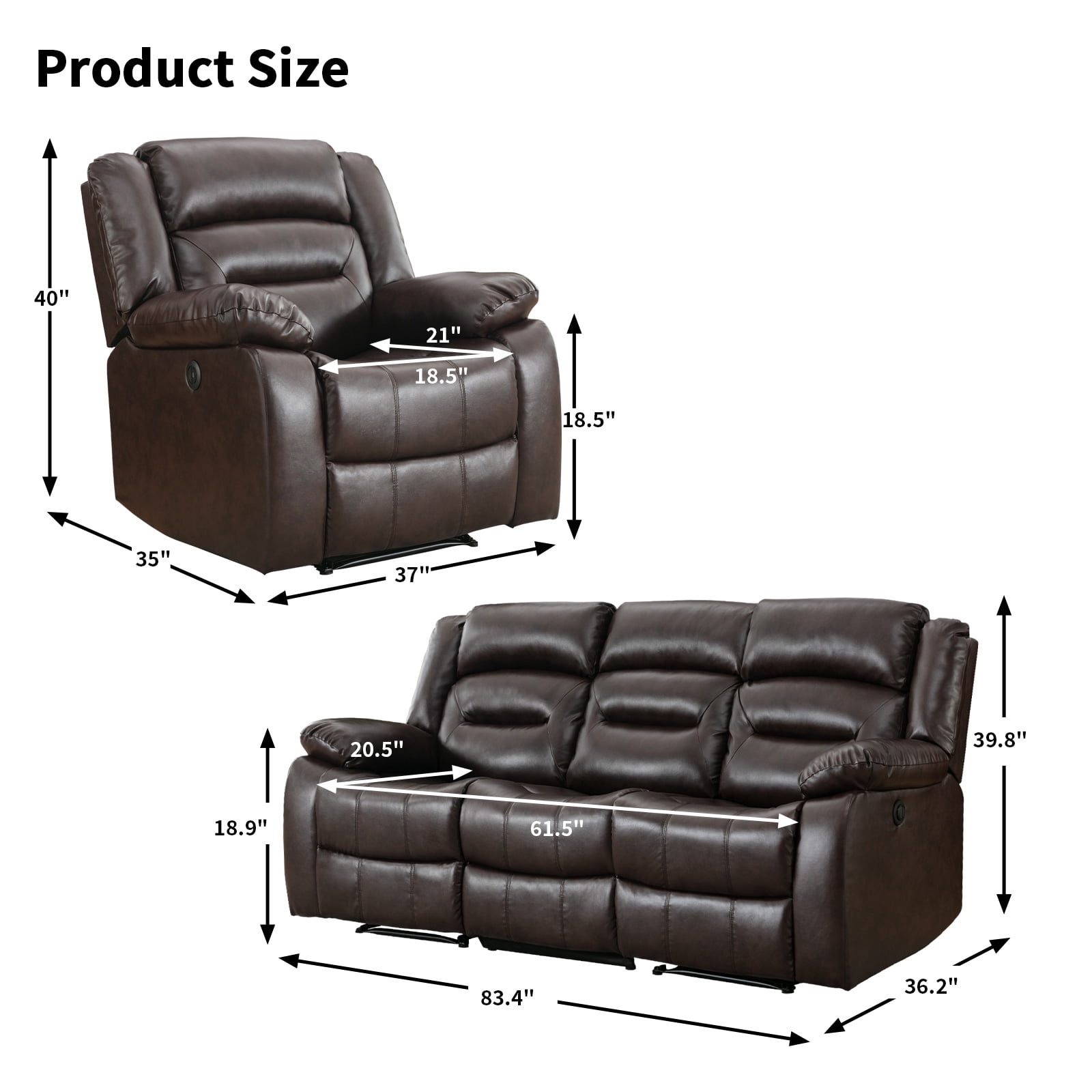 Bonzy Home Faux Leather Power Recliner Chair and 3-Seat Sofa Set, Electric Reclining Couch for Living Room, Bedroom, Office, Brown(Recliner+Sofa)