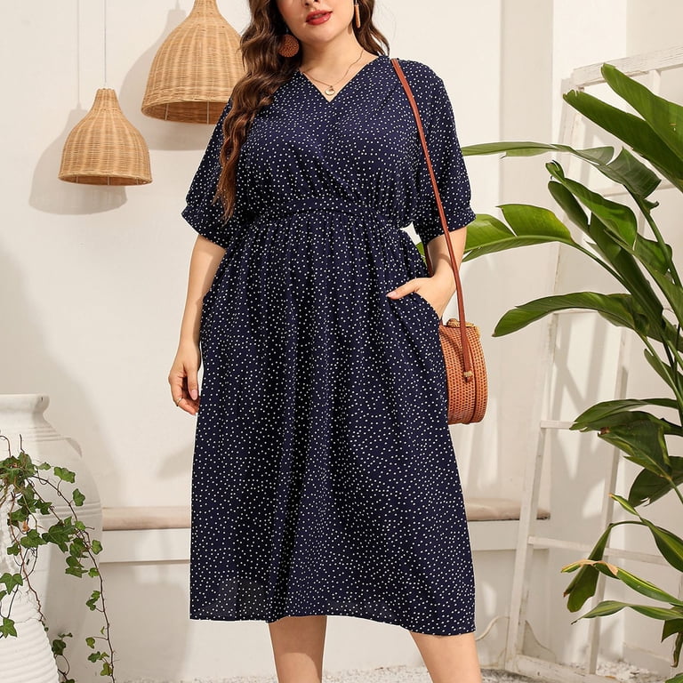 navy blue polka dot dress plus size Plus Size Navy Blue Polka Dot Cotton Shirt Dress