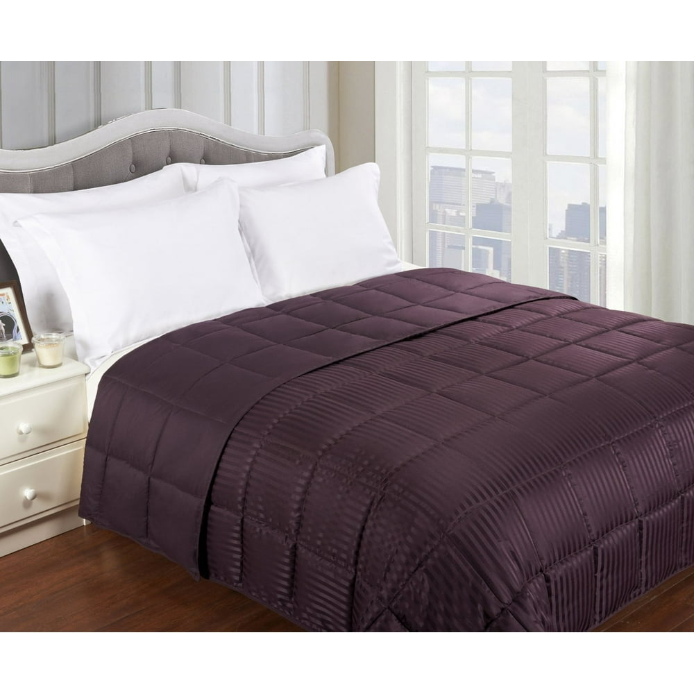 Reversible Solid and Stripes Lightweight Microfiber Comforter Blanket Plum / King