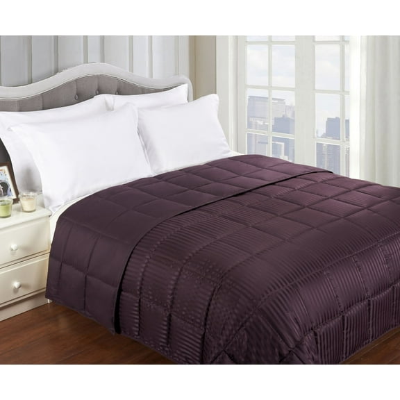 Reversible Solid and Stripes Lightweight Microfiber Comforter Blanket Plum / King