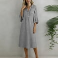 thumbnail image 5 of FDGIU Women's Collared V Neck Half Button Bell 3/4 Sleeve Loose Linen Midi Dress, Casual Office Work Spring Fall Home Lounge Straight Mid Length Dresses, 5 of 6