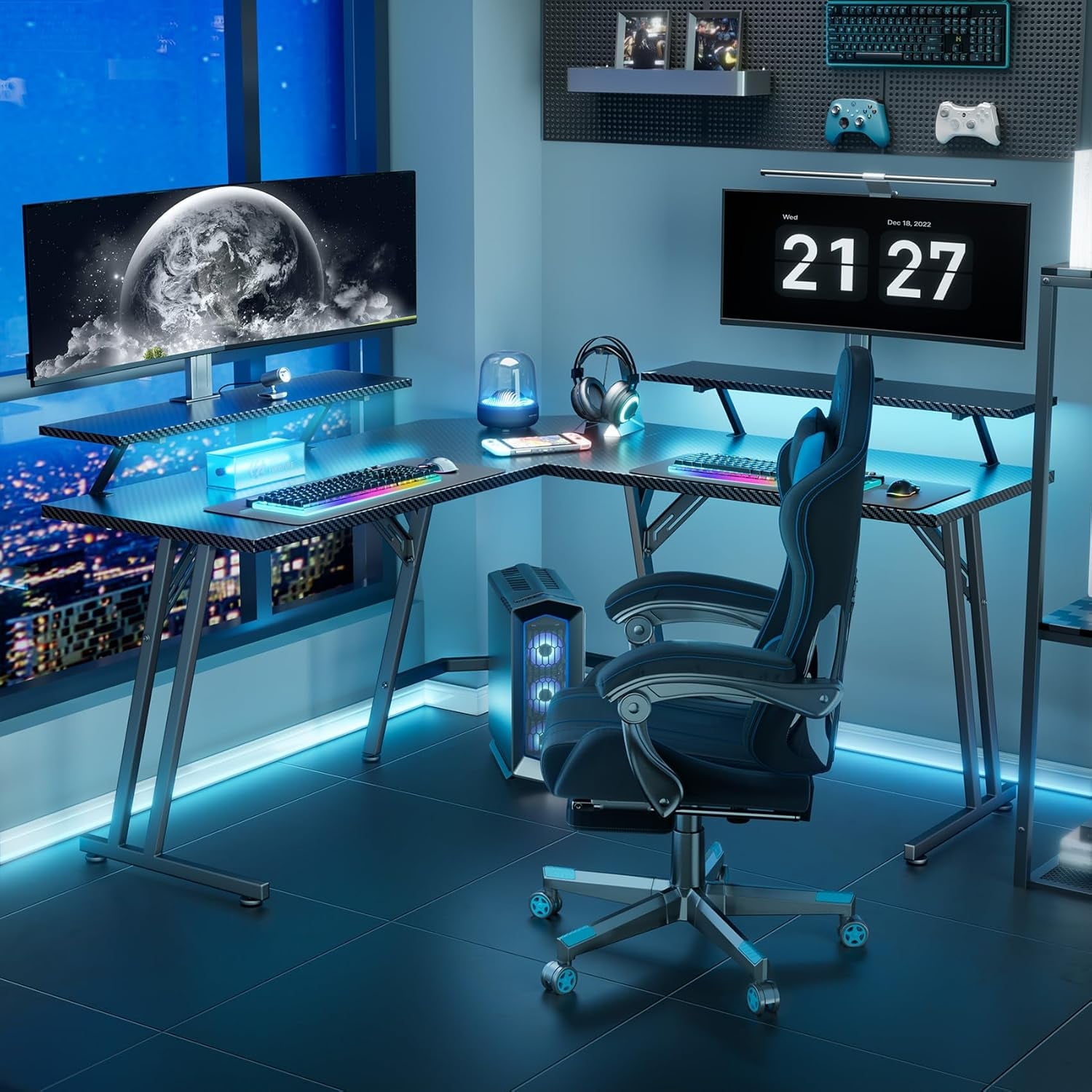 HLDIRECT 51 inch L Shaped Gaming Desk with Monitor Stand and LED Lights, Corner Computer Desk, PC Gaming Table