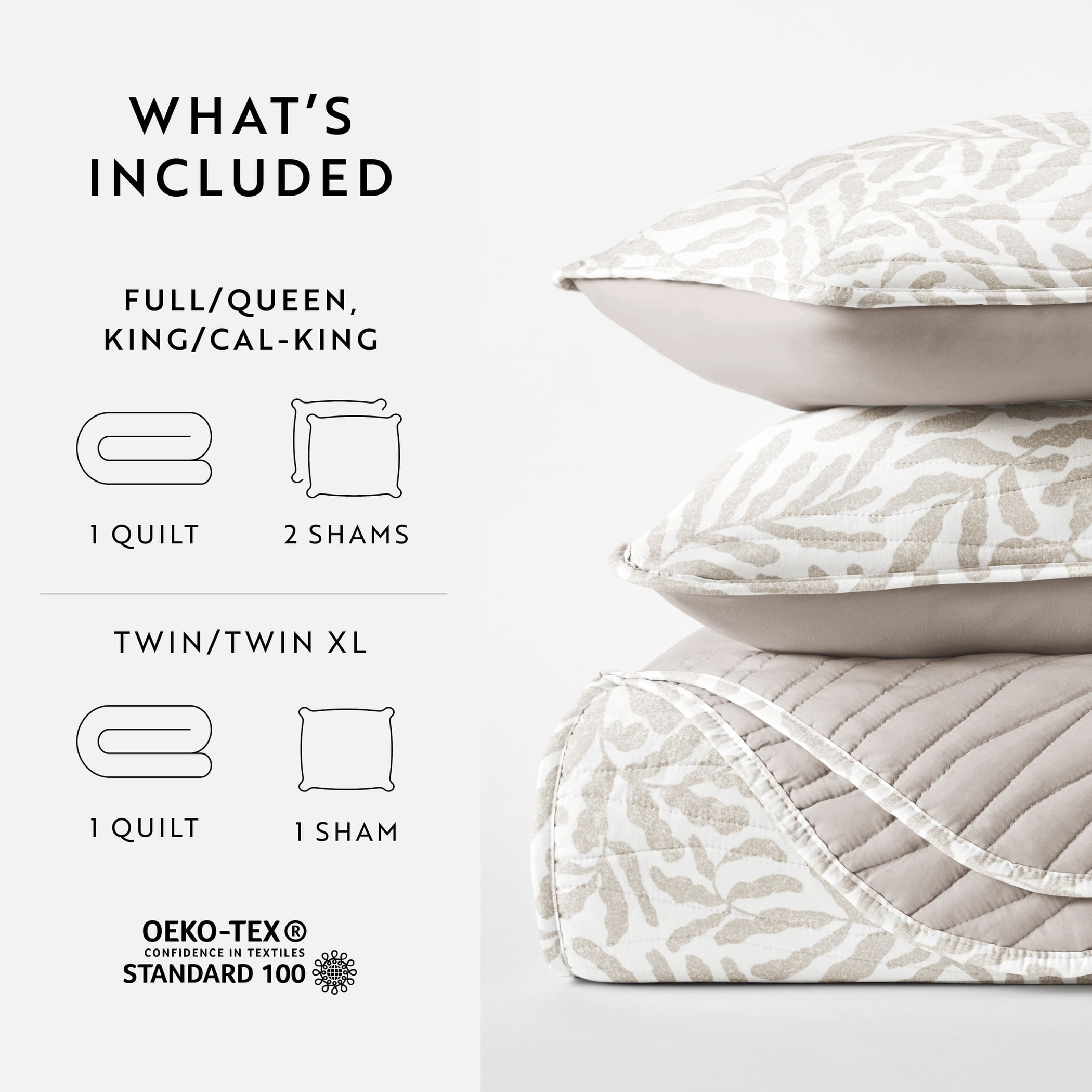 Noble Linens 3-Piece Taupe Tossed Ferns Reversible Quilt Set, Queen