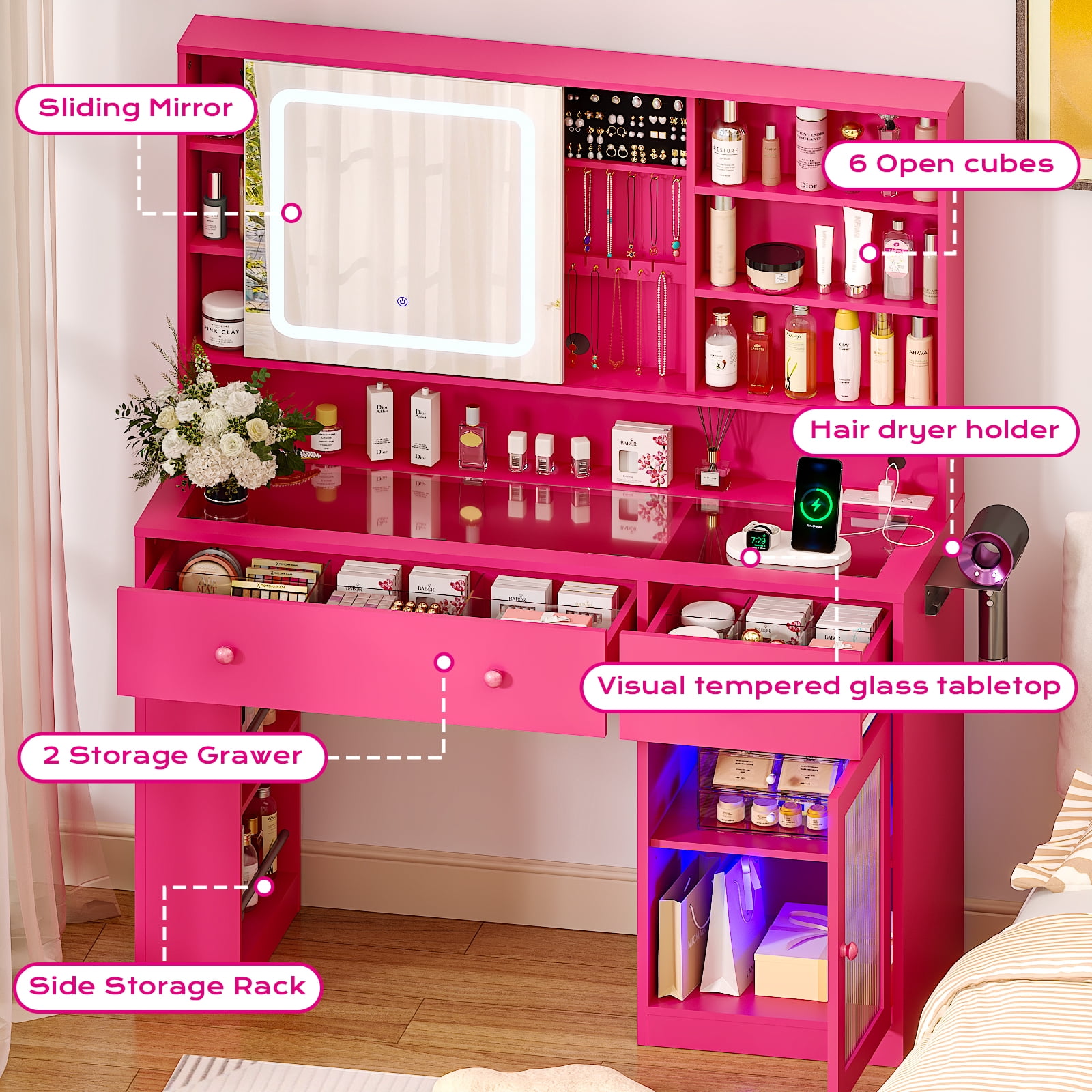 Ktaxon Makeup Vanity with Lighted Mirror,  Vanity Table Set w/ Charging Station, Side Rack, Pink