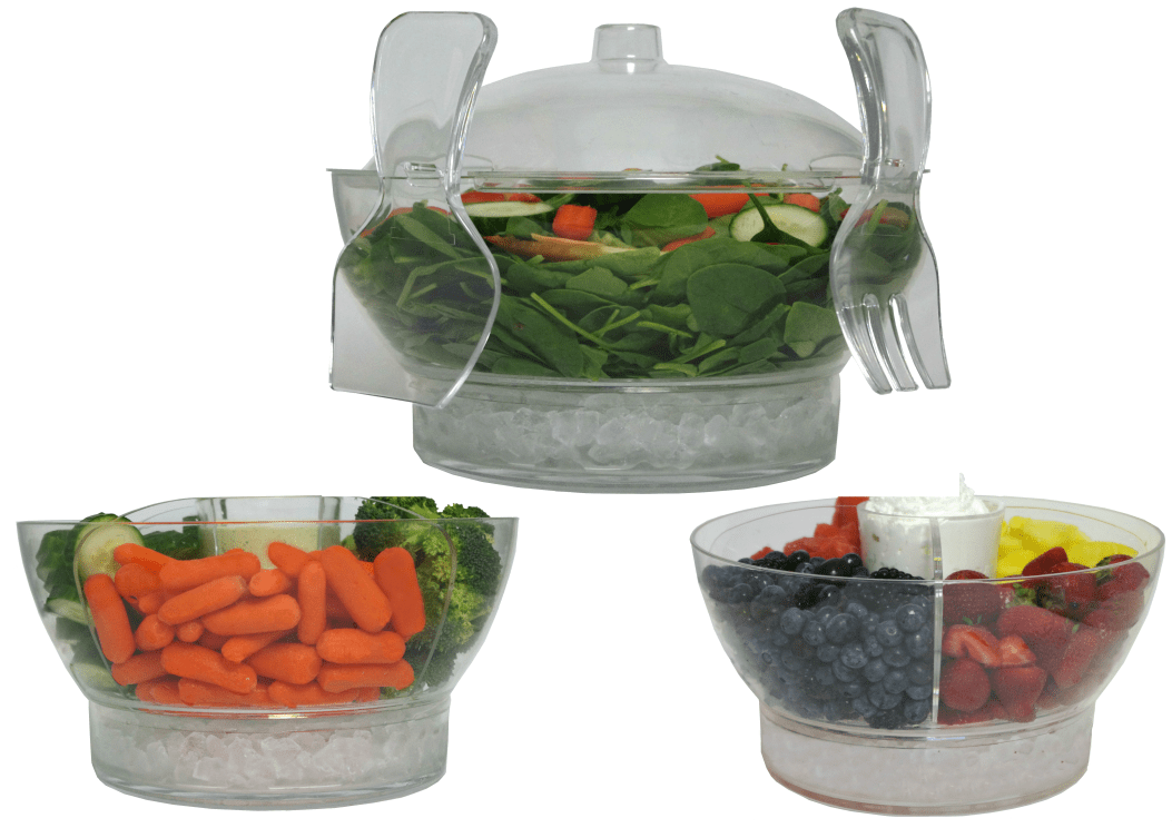Oaklyn Large Clear Serving Bowl on Ice with Dividers Lid and Tongs Set