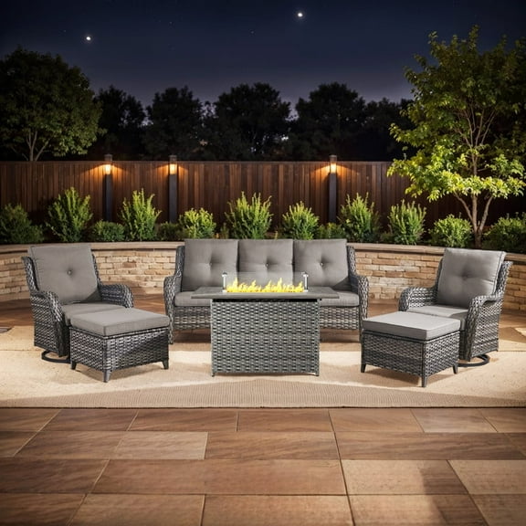 Gymojoy 6-Piece High Back Outdoor Wicker Conversation Set with Swivel Chairs,Sofa,ottoman & 50,000 BTU Fire Pit Table - Patio Furniture Set for Deck, Porch, Poolside