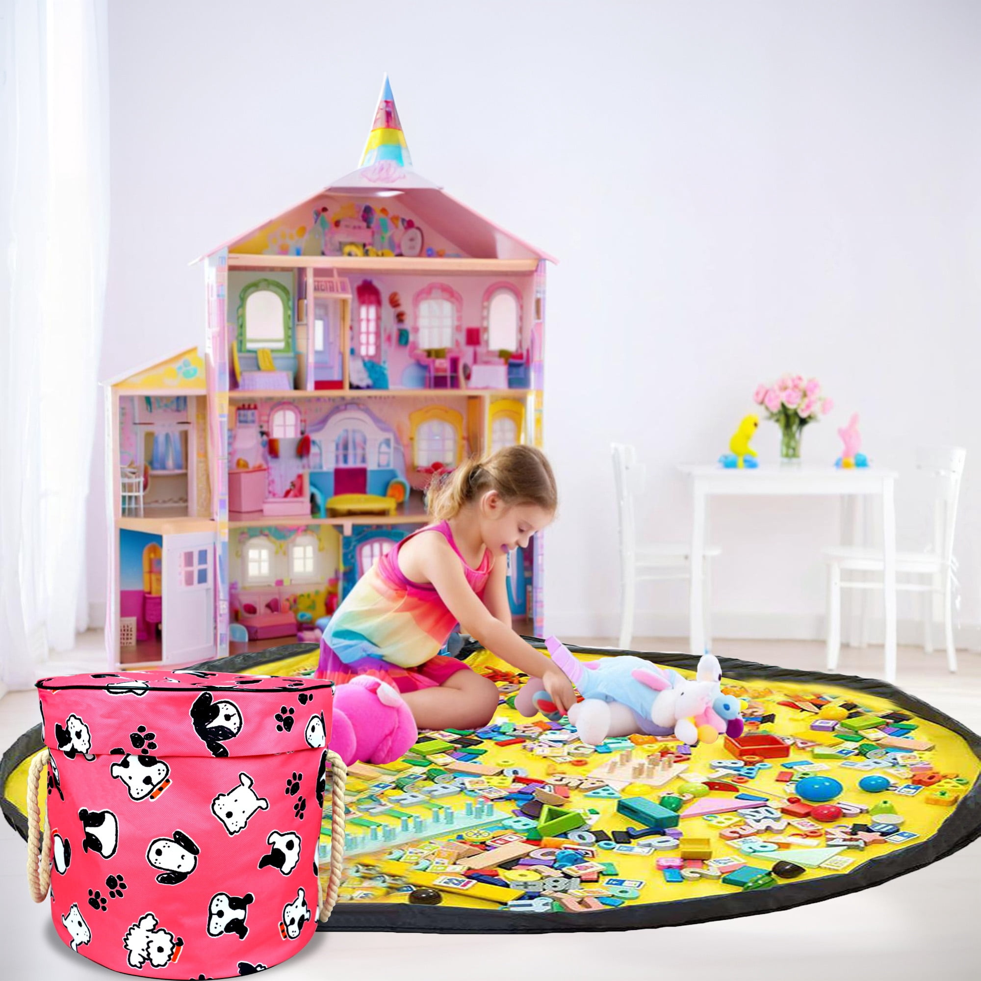 NIETEIN Kids Toy Storage Basket with Play Mat for Building Bricks Collapsible Canvas Organizer Bag (Pink Dog)