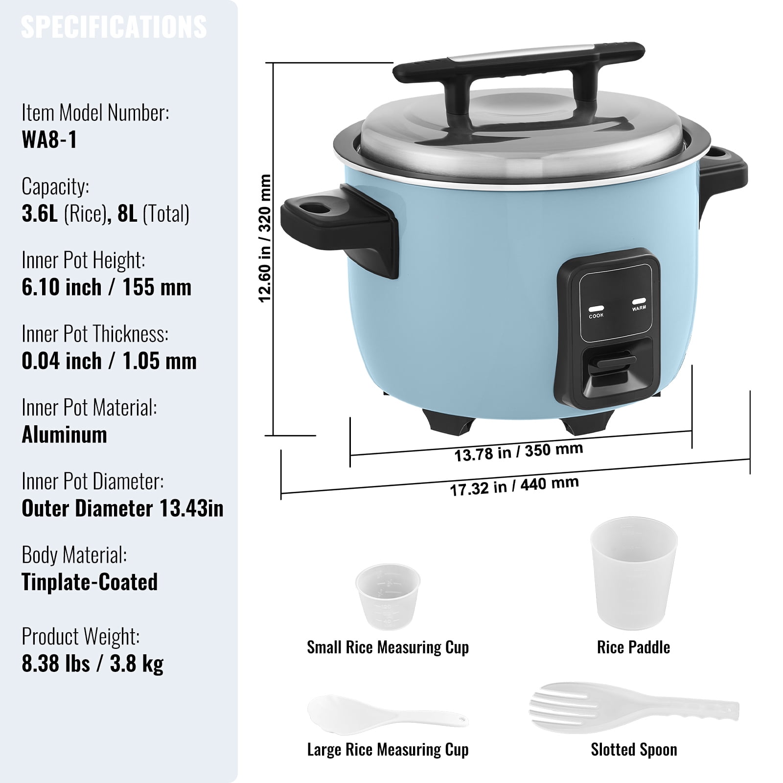 KFFKFF Large Capacity Rice Cooker, 40-Cup, 8.45 Qt / 8 Liter, Durable with Nonstick Inner Pot, Quick Cooking & 24-Hr Warmth Retention, Includes Rice Cup & Paddle, Ideal for Restaurants