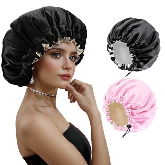 2-Pack Double Layer Satin Sleeping Bonnet Caps for Women - Solid Color Silk-Like Hair Bonnets with Adjustable Button Strap, Soft Night Cap for Curly Natural Hair, Braids, Wigs