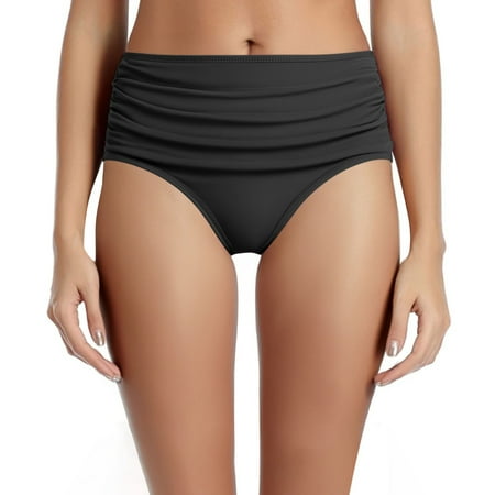 MGCWSH Women High Waisted Bikini Bottoms Tummy Control Swimsuit Bottoms Ruched Full Coverage Swim Bottom High Rise Black L