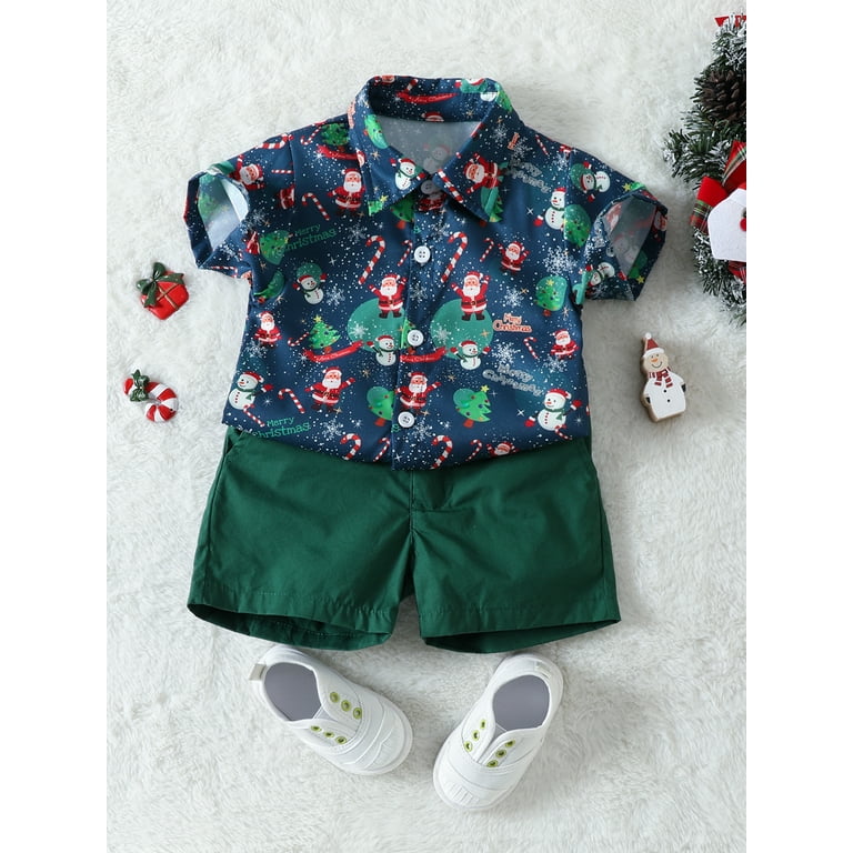 2 Pieces Kids Baby Boys Christmas Outfits Santa Print Turn Down