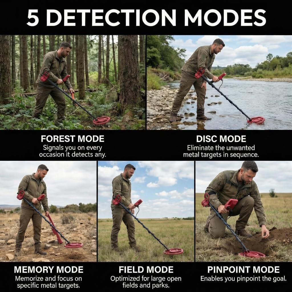Towallmark Professional Metal Detector for Adults & Beginners, 4 Modes, 10" Waterproof Coil, LCD Display with Pinpoint, Lightweight for Gold, Coins, Jewelry Hunting, Red