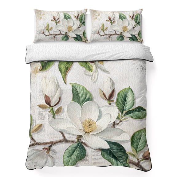 Twin XL Quilt Set 68''x98'', Flowers Leaves Lightweight Bedspread Coverlet Set with 2 Pillow Shams, Farmhouse White Botanical Magnolia Retro Breathable All Season Quilt Bedding for Dorm/Guest Room