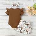 thumbnail image 3 of PatPat 3pcs Newborn Baby Girl Clothes Ribbed Romper Belted Shorts Headband Brown Outfits Set, 6-9 Months, 3 of 9