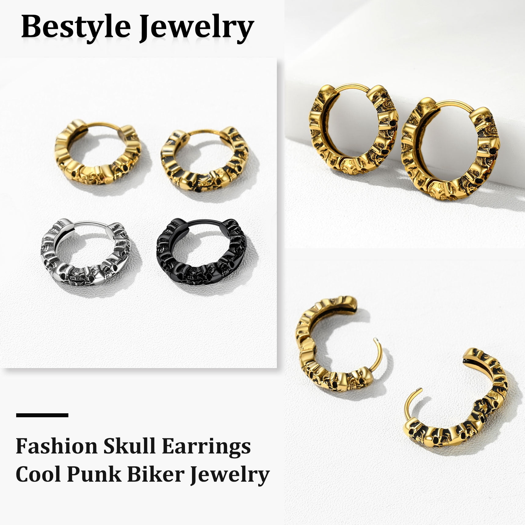 Bestyle Vintage Skull Earring Gold Skull Hoop Earrings for Men 