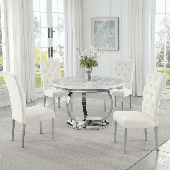 Modern Faux Marble 5-Piece Dining Set, 44" Round Dining Table with Velvet Tufted Side Chairs, Chrome Frame, Cream