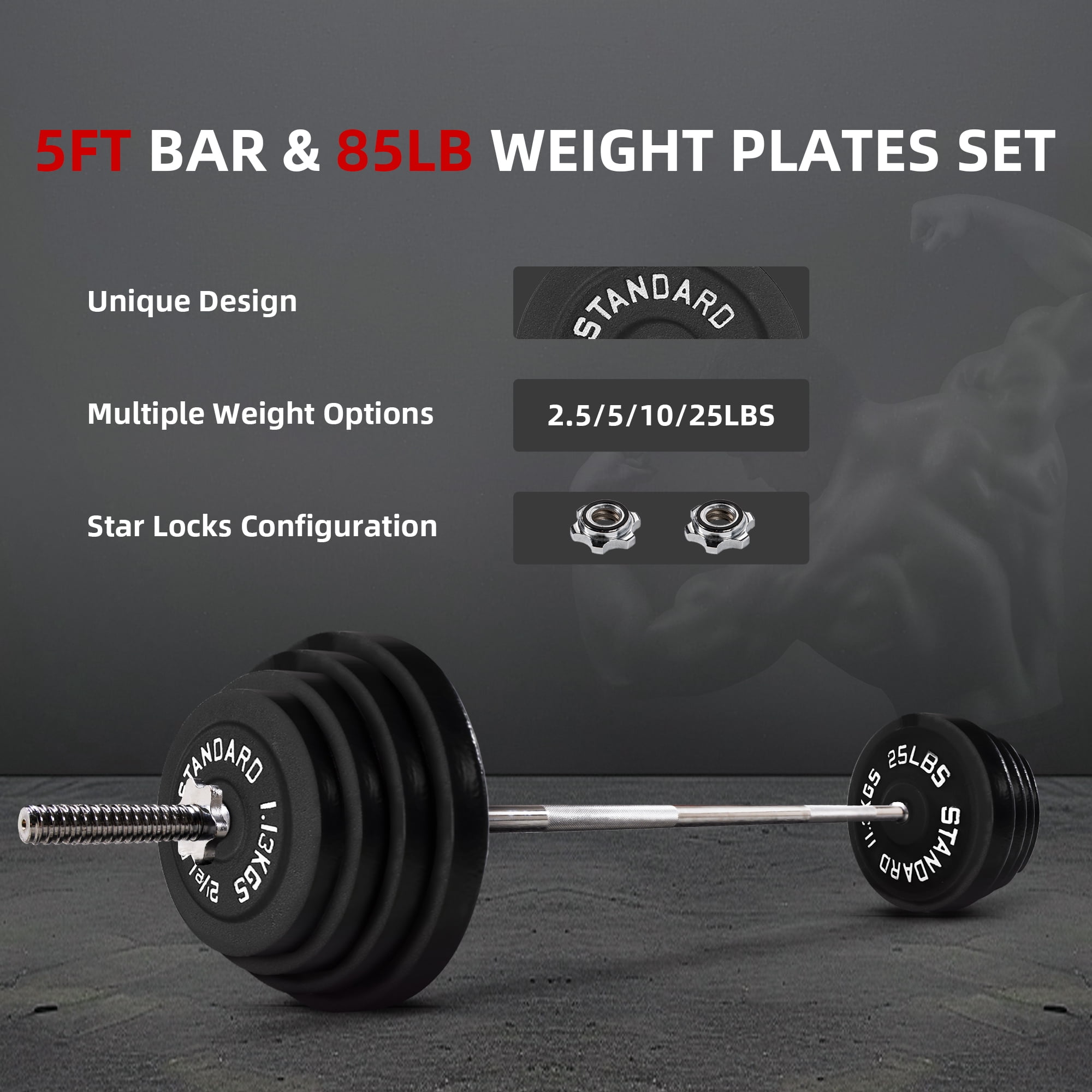 FlexWave 1-Inch Standard Cast Iron Weight Plate Set, 85LB Options, Multiple Sizes，for Strength Training & Weightlifting