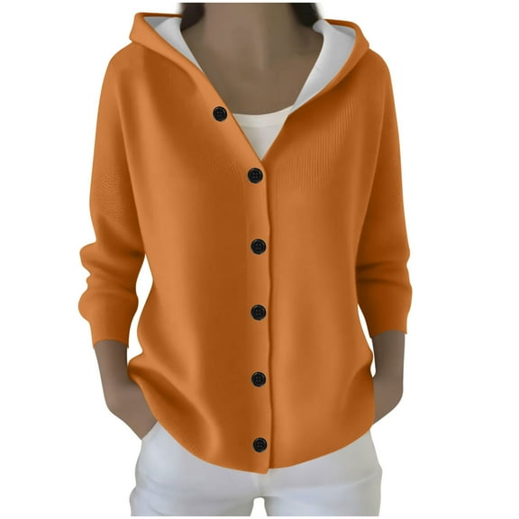 Atogsazn Womens Knitted Long Sleeve Sweater Casual Button Down Hooded Jackets Fall Winter Tops Clothes Blouse Orange S Fashion