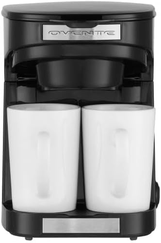OVENTE Double Drip Coffee Maker with 2 Ceramic Mugs and Auto Shut Off, Small Dual Drip Coffee Maker Machine Works with Ground Coffee Only, Compact Kitchen or Office Essential, Black CMDD2MB