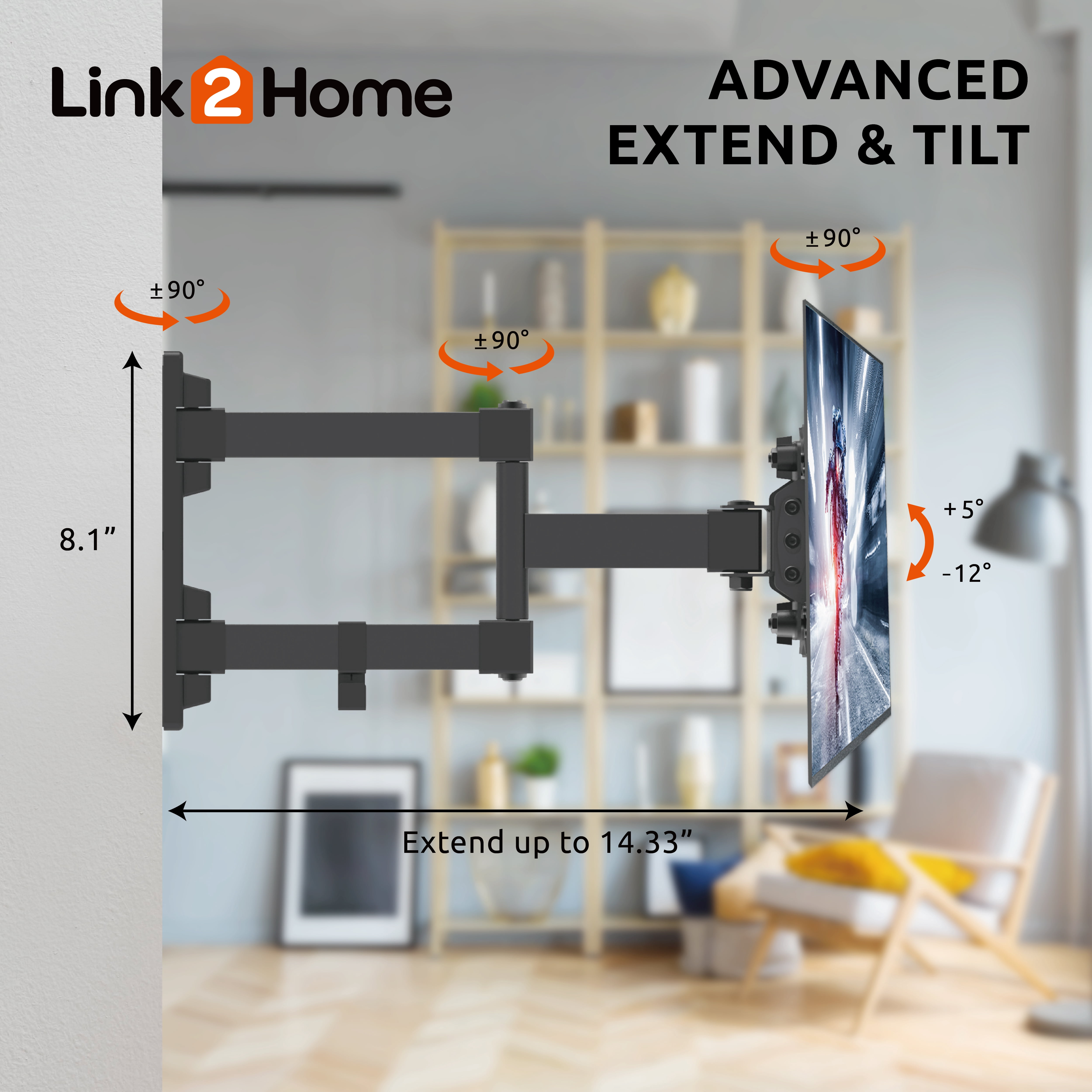 Link2Home Full Motion TV Wall Mount for 13''-47'' Flat Panel TVs, Up to 30 lbs.