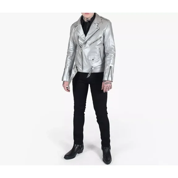 Abez Men's Silver Biker Leather Jacket Real Lambskin Motorcycle Racer Jacket For Men's Party Wear Jacket