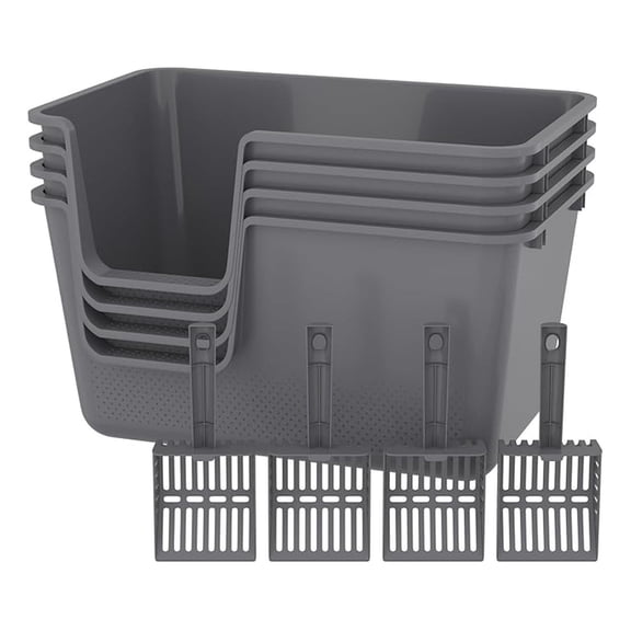 Cat Litter Boxes 4-Pack - High Sided Plastic Open Litter Pan - Gray - 24.4x15.7x12.99 Inch - Space Saving Stackable Design for Cats, Dogs, Rabbits