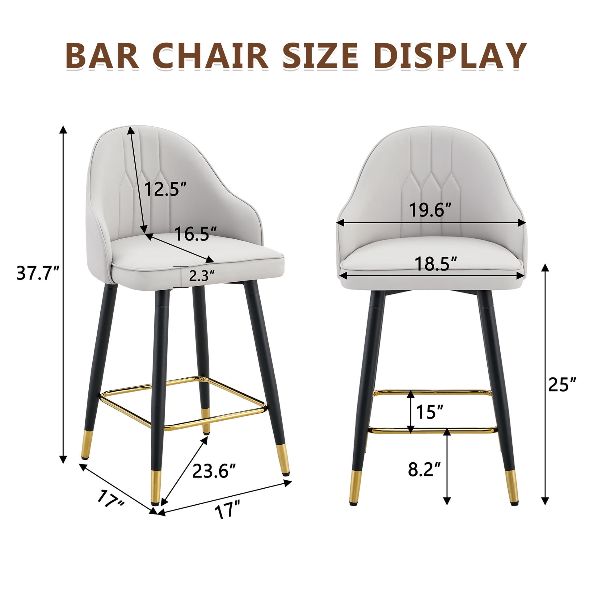 StnTalk Bar Stools Set of 2, Counter Height Barstools with Backs, Light Gray PU Leather Kitchen Stools with Gold Footrest & Stable Metal Legs, Modern Upholstered Chairs for Kitchen Island
