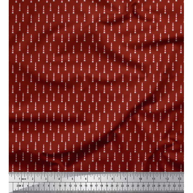 Soimoi Red Rayon Fabric Lighthouse Nautical Print Sewing Fabric Yard 56 Inch Wide