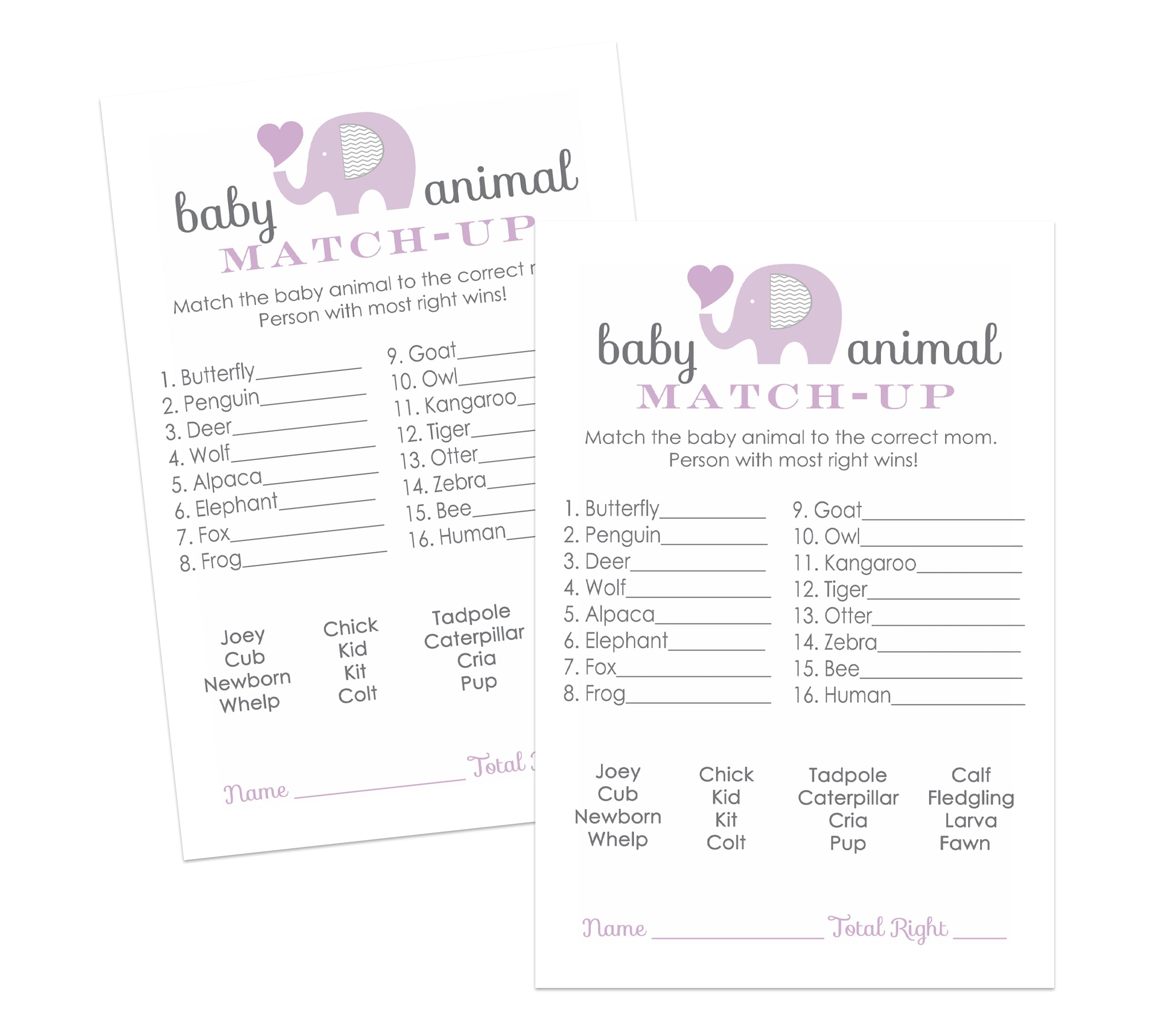 Purple Elephant Animal Match Baby Shower Game Pack 25 Guessing Activity Cards Gender Reveal - Princess Jungle Theme Supply - 4X6 Size Set - Paper Clever Party