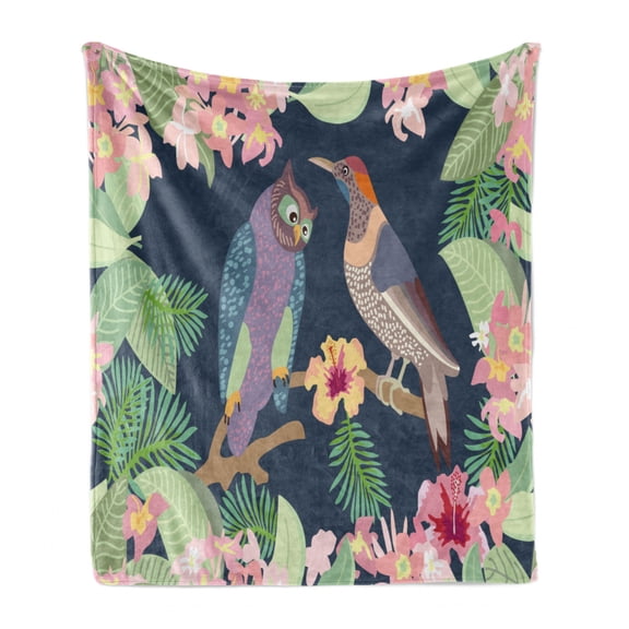 Leaves Soft Flannel Fleece Throw Blanket, Japanese Leaf Composition with Exotic Birds Owl Motif Avian Animals, Cozy Plush for Indoor and Outdoor Use, 50" x 60", Multicolor, by Ambesonne