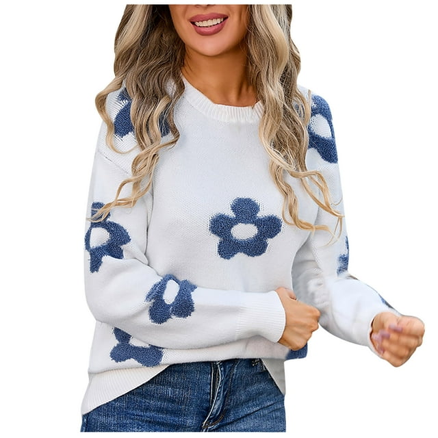 Rbaofujie Chandails pour Adolescentes Femmes Col Rond Chandail à Manches Longues Brodé de Fleurs Blanc Chandails d'Automne