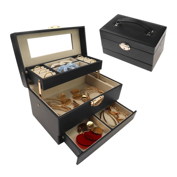 Unique Bargains Women 3 Layer Jewelry Box PU Leather Jewelry Case Storage with Drawer Black