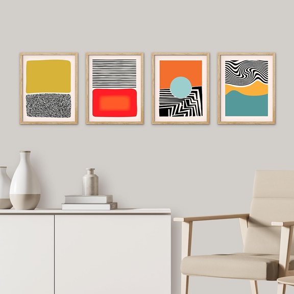 PixonSign Framed Wall Art, Mid-Century Modern 1980s Geometric Prints, Set of 4 Color Blocks Posters Wall Decor, Classic Contemporary Artwork Wall Décor for Living Room, Bedroom - 8"x10" Natural