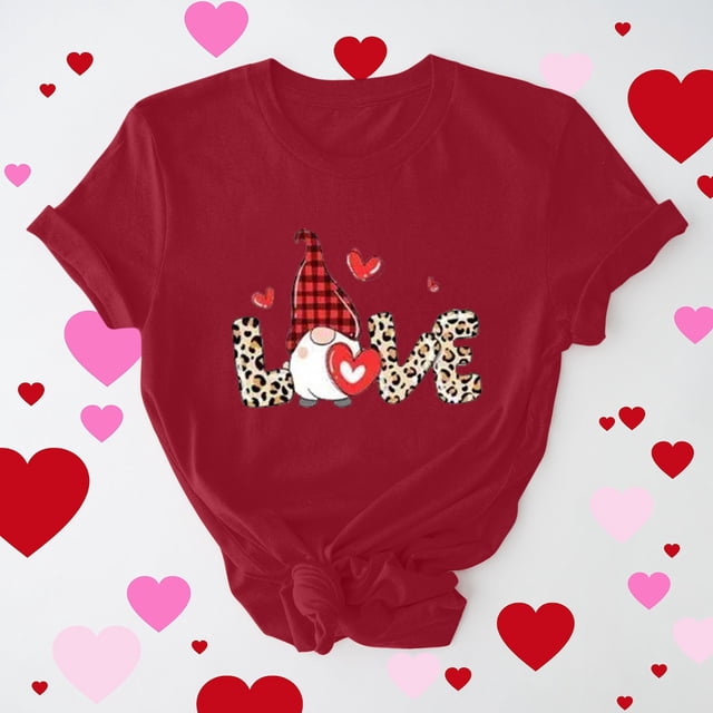 Meichang T-Shirt de la Saint-Valentin pour Femmes, Mignon T-Shirt à Imprimé Cœur, Manches Courtes, Col Rond, Hauts Mignons, Coupe Ample, T-Shirts de Fête, Saint-Valentin