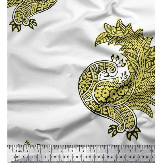 Soimoi Crepe Silk Fabric Peacock Block Decor Fabric Printed Yard 42 Inch Wide