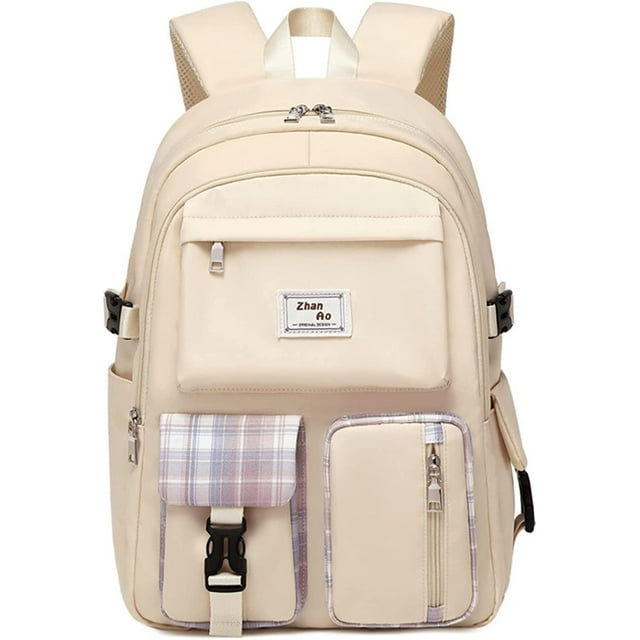 Aesthetic Backpack with Solid Color and Plaid Pattern, Large Capacity Rucksack, Sturdy and Durable, Back to School and College Student Essential, (Off White)