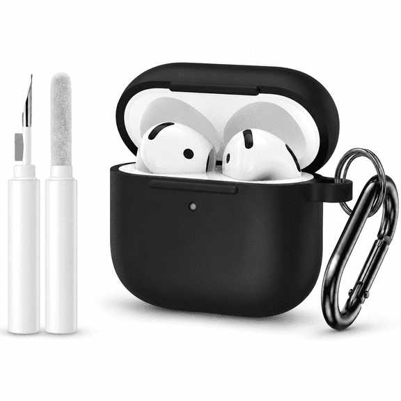 Lonmuju Silicone Case Cover for Airpods 4th Gen, Protective Earbud Skin with Cleaning Kit and Carabiner,Black