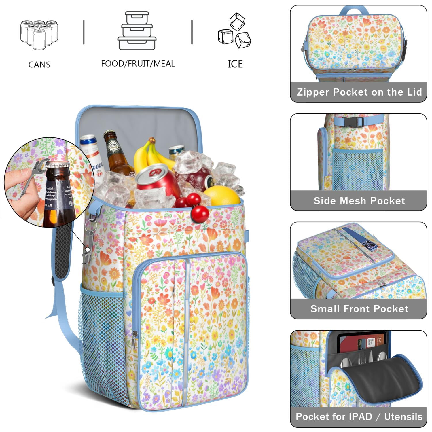 Travel Cooler Bag - Boho Bohemia Flower Camping Beer Cooler Backpack with Bottle Opener- Waterproof Insulated Picnic Backpacks - Cooler Bag for Beach