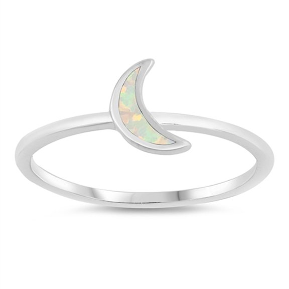 CHOOSE YOUR COLOR White Simulated Opal Crescent Moon Ring .925 Sterling Silver Band CZ Female Size 10