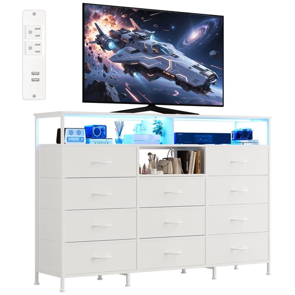 Panapinka Dresser for Bedroom with 11 Fabric Drawers, 55 ” w Dresser TV Stand with Power Outlet & LED Lights for 65 Inch TV, Wood Top, Chest of Drawers for Closet, Entryway