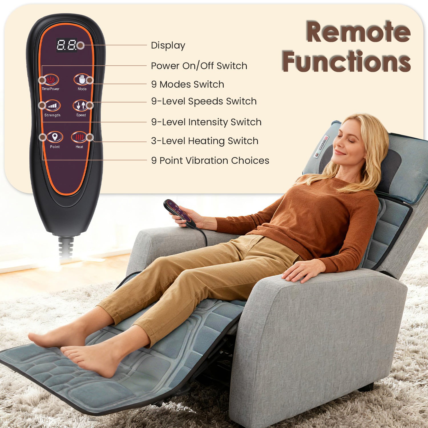 Imountek Flannel Full Body Massage Mat with Heat Timer, Multifunctional Electric Massage Chair Pad with Shiatsu Neck Massager Carry Bag Earplugs Anti-Slip Bottom for Home