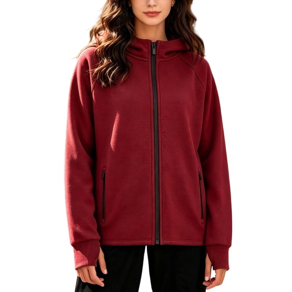 Full Zip Hooded Jackets for Women Front Zipper Hoodies with Thumb Holes Zipper Pockets Fall Casual Solid Color Long Sleeve Sweatshirt with Hood, 3XL