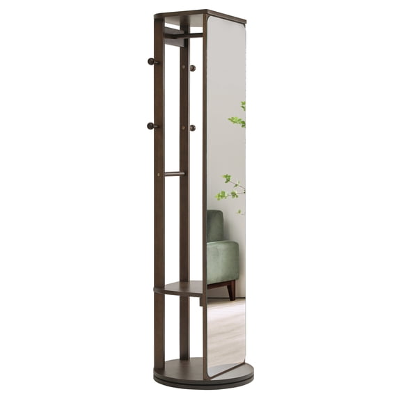 Solid Rubberwood Rotating Full-Length Mirror Cabinet, Freestanding Jewelry Armoire with Multi-Functional Hooks and Shelves for Bedroom & Closet