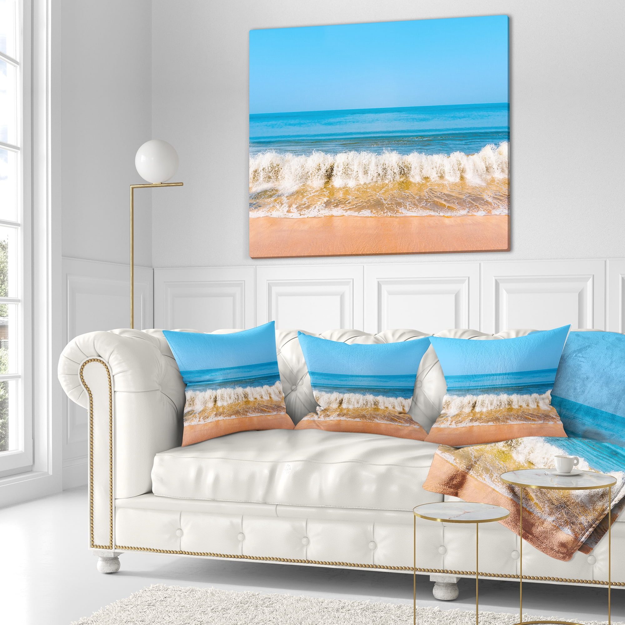 Designart Beautiful Blue Sea and Roaring Waves - Beach Photo Throw Pillow - 16x16