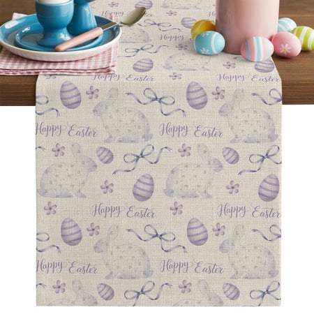 Happy Easter Rabbits Table Runner Purple Eggs Flower Ribbon Spring Animal Vintage Cotton Linen Kitchen Table Decoration Washable Dining Tabletop Runners for Home Party Decor 13x48 Inches