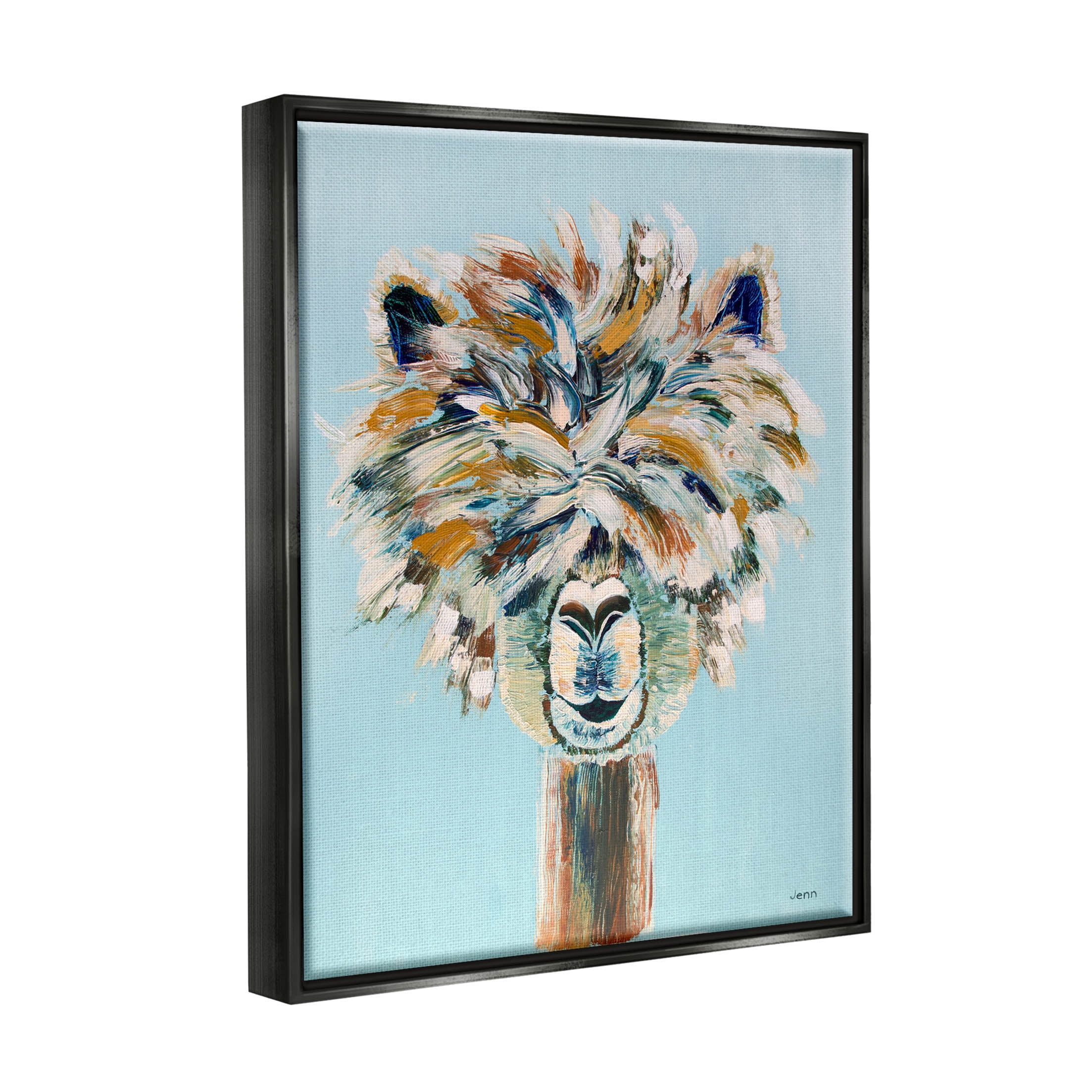 Fluffy Alpaca Happy Animal Animals & Insects Painting Jet Black Framed Art Print Wall Art