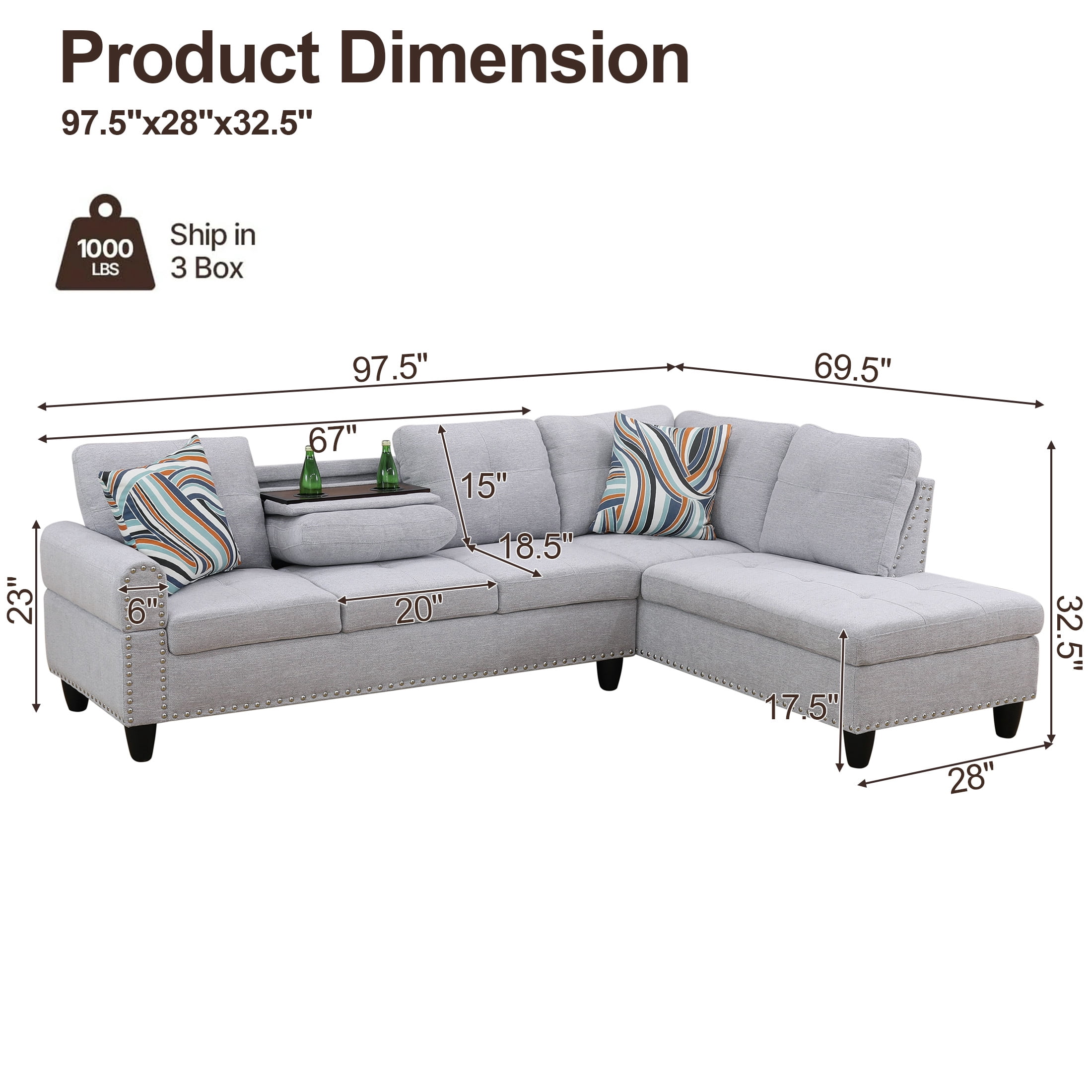 AENKYO 98" L-Shaped Sectional Sofa with Reversible Chaise and Cup Holders, Flannel, Light Gray