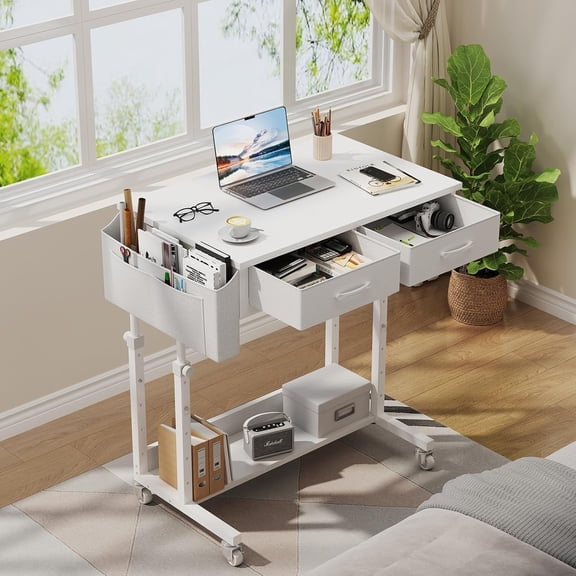 Height Adjustable Standing Desk with Wheels, 32 Inch Mobile Rolling Desk for Home Office Kids Table with Storage Drawers and Shelf