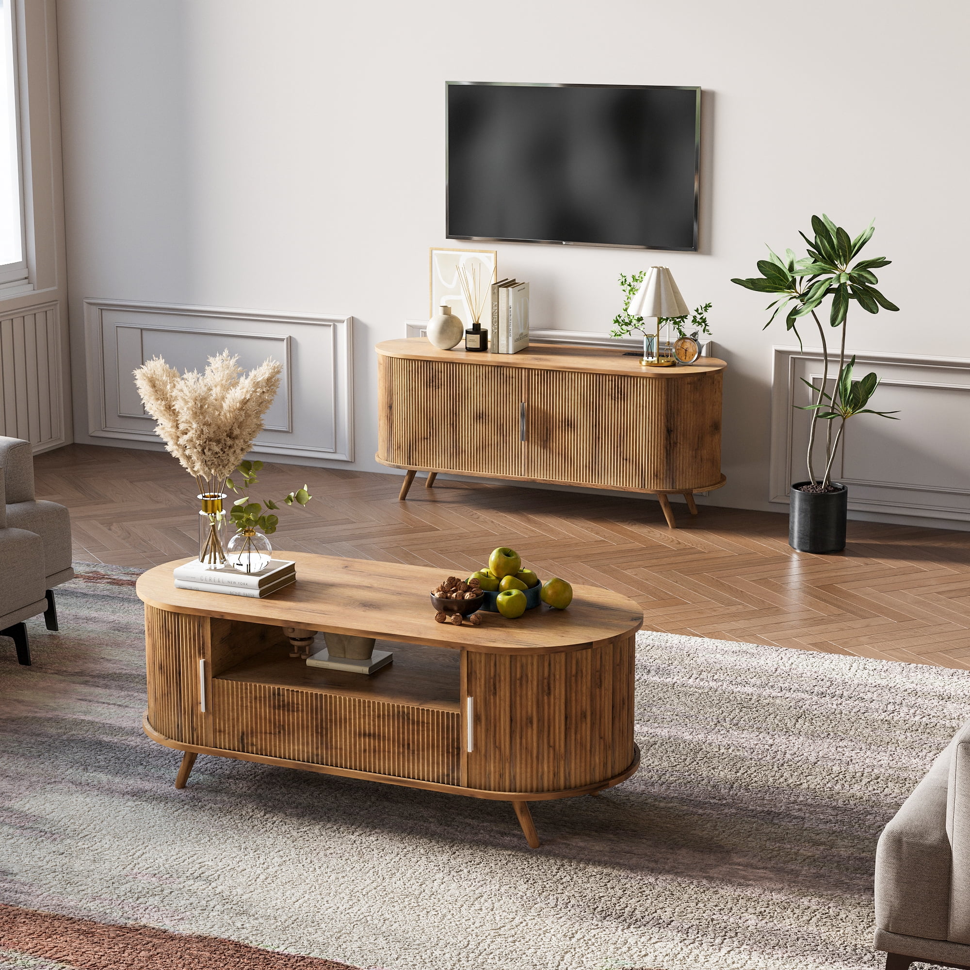50 inch TV Stand with Power Outlet, Fluted Entertainment Center for TVs Up to 55 inch, Modern TV Console with Large Storage & Sliding Doors, Media Console for Living Room/Bedroom, Nature Oak