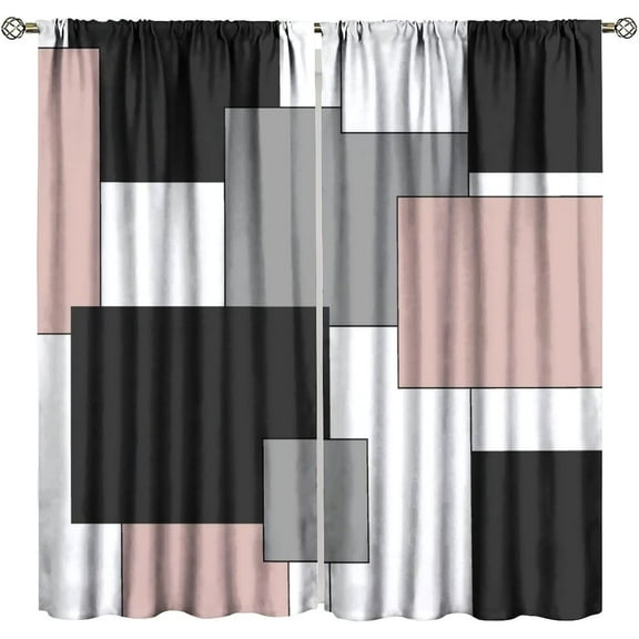 Geometric Pink Curtains, Modern Abstract Checkered Black Grey White Print for Room Window Decor, Rod Pocket Blackout Drapes for Living Room Bedroom Kitchen 2 Panel Set 21" W X 54" L